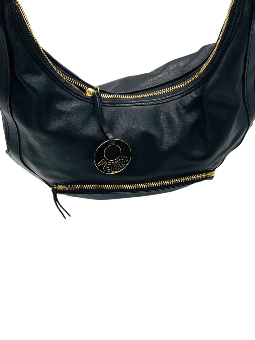 FENDI VINTAGE BLACK LEATHER HOBO BAG WITH GOLD HARDWARE